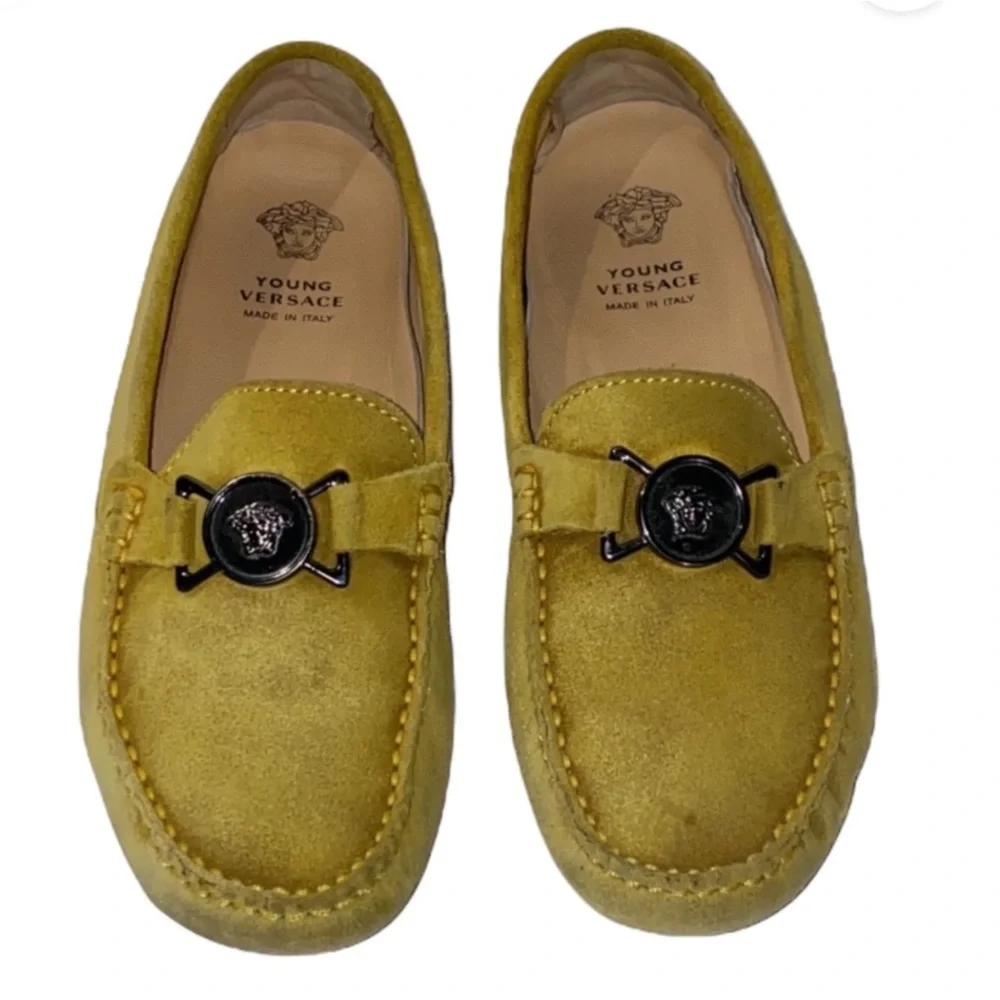 Authentic Versace luxury designer signature suede leather drivers loafers boys 2